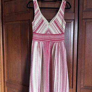Gauze Striped V‑Neck Midi Dress in Cream and Red